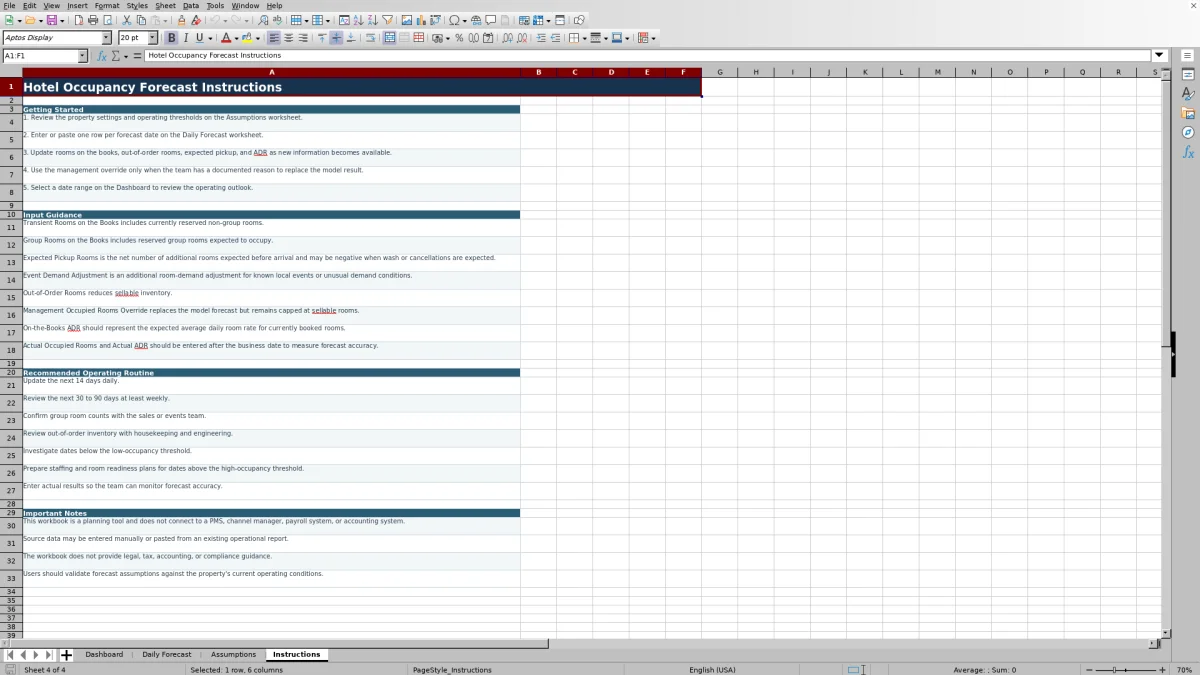 Screenshot 4: Instructions worksheet — hotel occupancy forecast Excel template