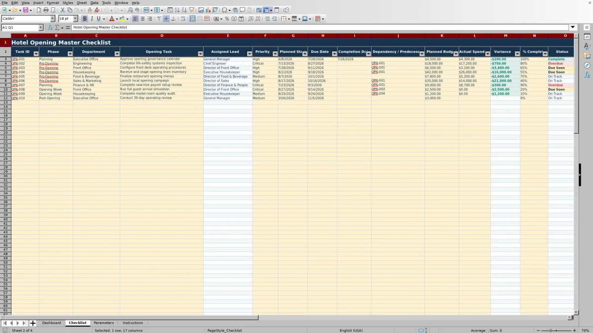 Screenshot 2: Checklist worksheet — hotel opening checklist Excel template