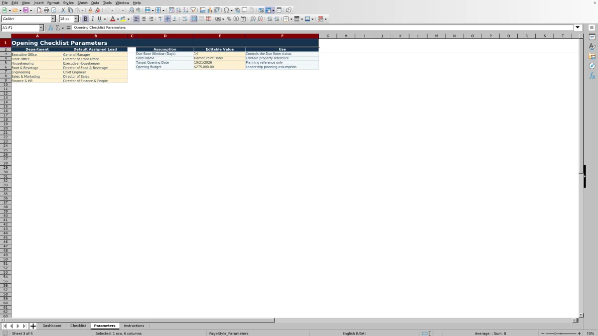 Screenshot 3: Parameters worksheet — hotel opening checklist Excel template