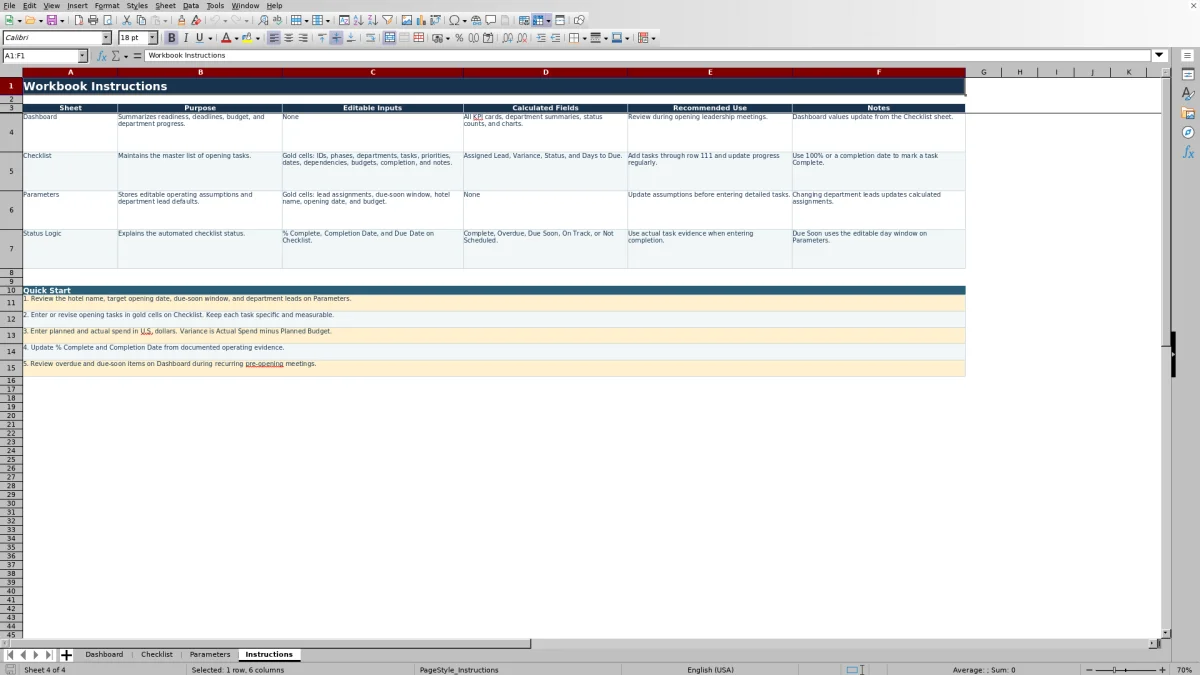 Screenshot 4: Instructions worksheet — hotel opening checklist Excel template