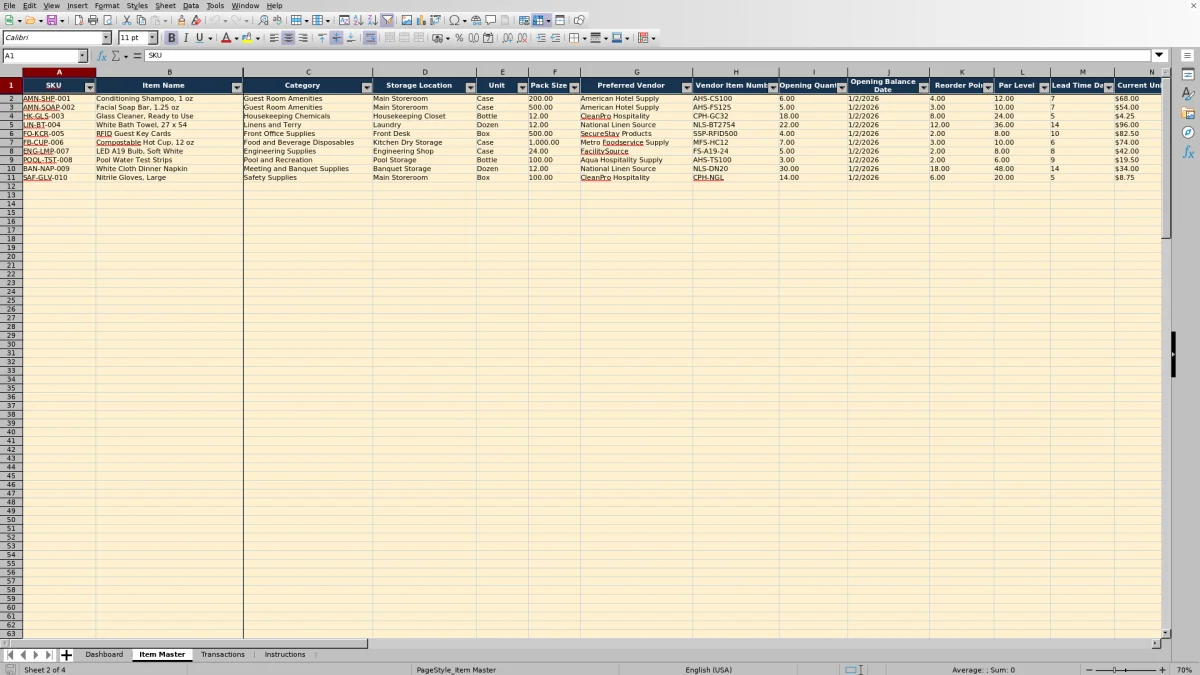 Screenshot 2: Item Master worksheet — hotel operating supplies inventory spreadsheet