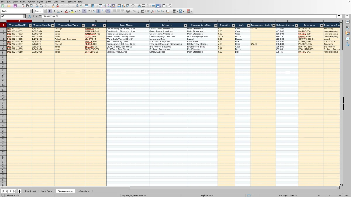 Screenshot 3: Transactions worksheet — hotel operating supplies inventory spreadsheet