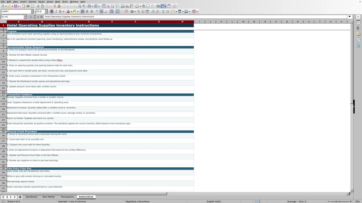 Screenshot 4: Instructions worksheet — hotel operating supplies inventory spreadsheet