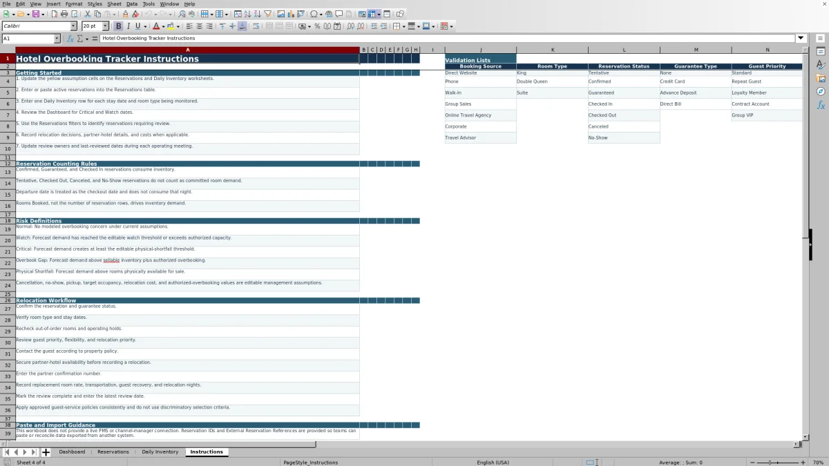 Screenshot 4: Instructions worksheet — hotel overbooking tracker spreadsheet