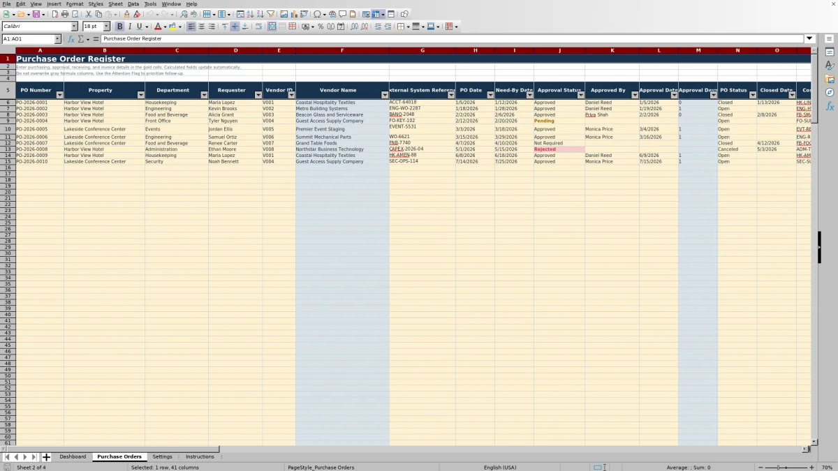 Screenshot 2: Purchase Orders worksheet — hotel purchase order tracker Excel template