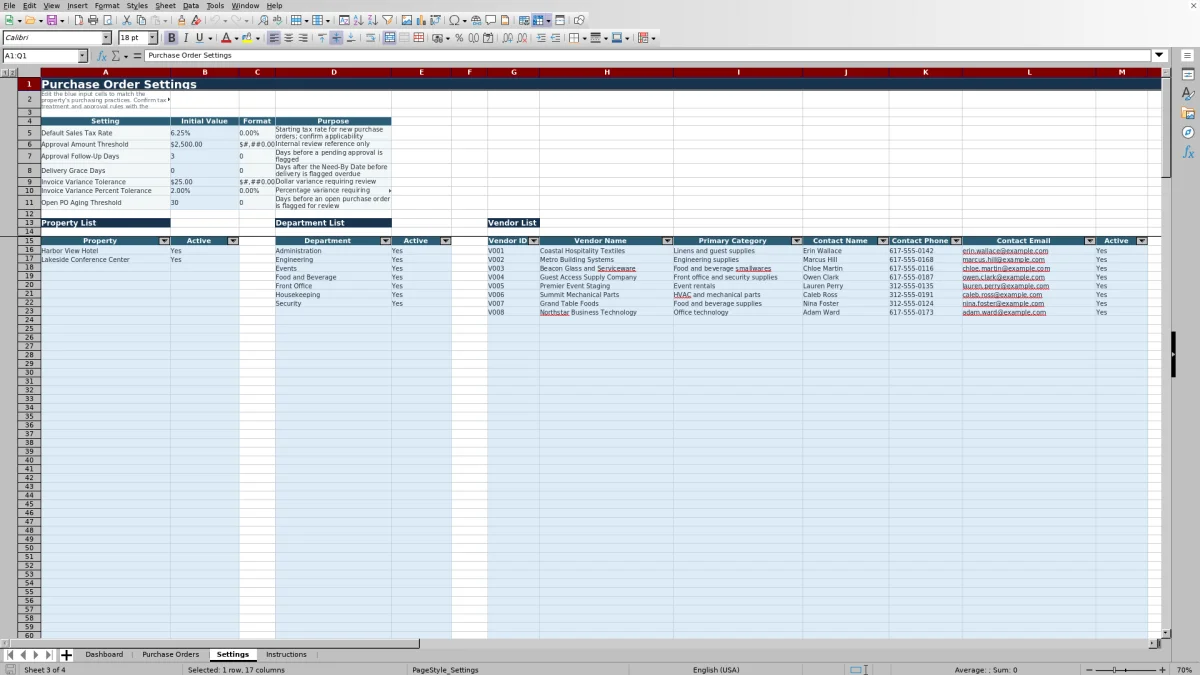 Screenshot 3: Settings worksheet — hotel purchase order tracker Excel template