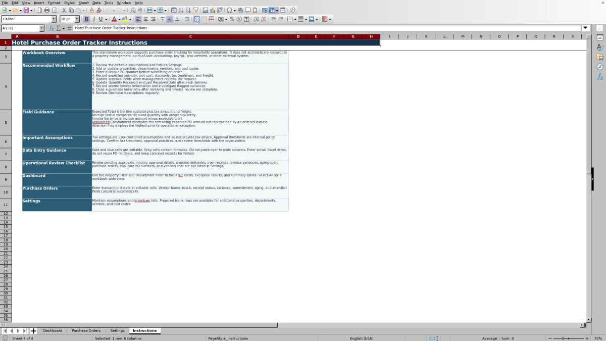 Screenshot 4: Instructions worksheet — hotel purchase order tracker Excel template