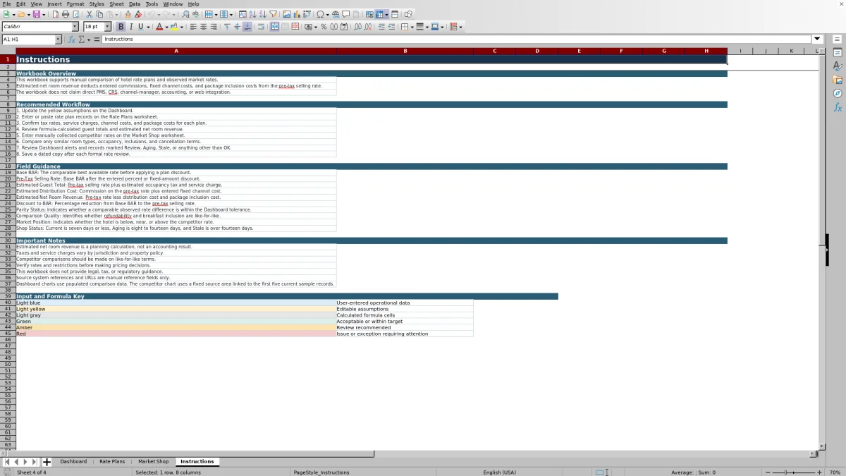 Screenshot 4: Instructions worksheet — hotel rate plan comparison Excel template
