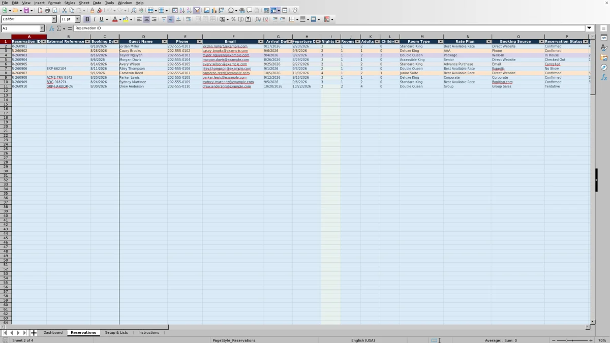 Screenshot 2: Reservations worksheet — hotel reservation tracker spreadsheet