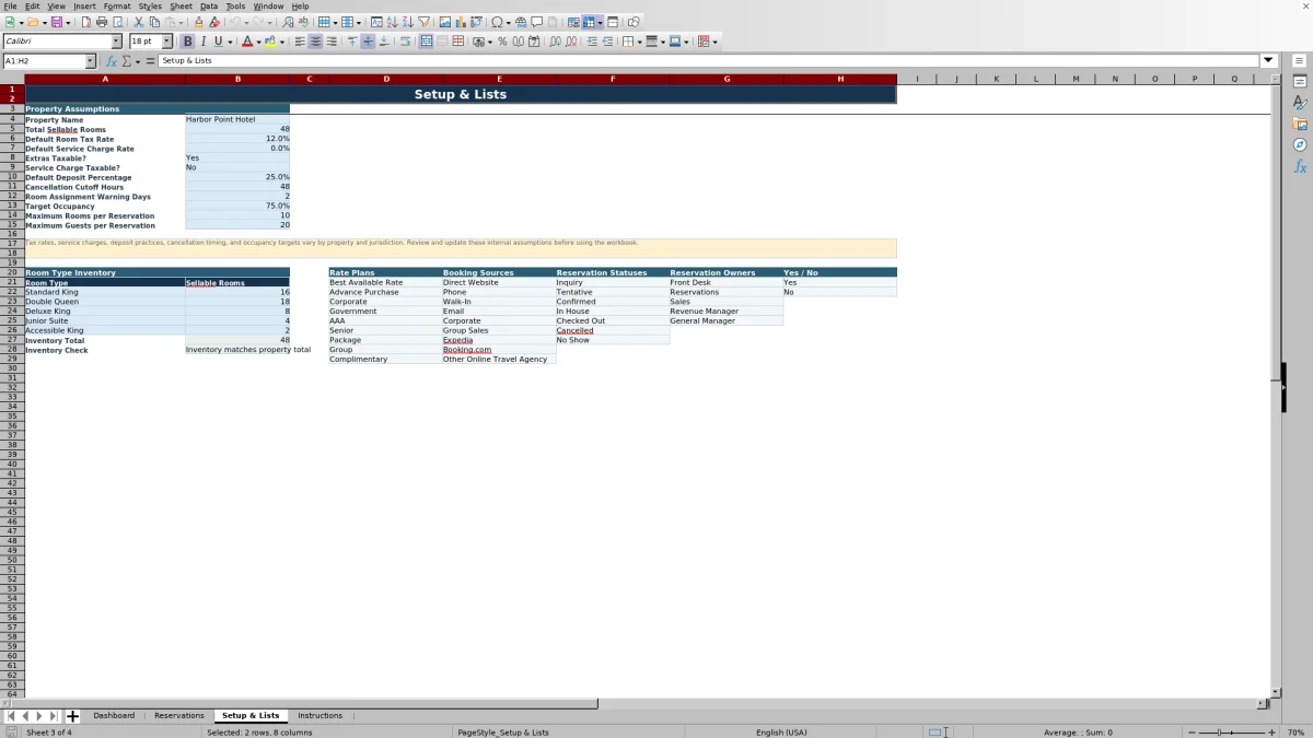 Screenshot 3: Setup & Lists worksheet — hotel reservation tracker spreadsheet