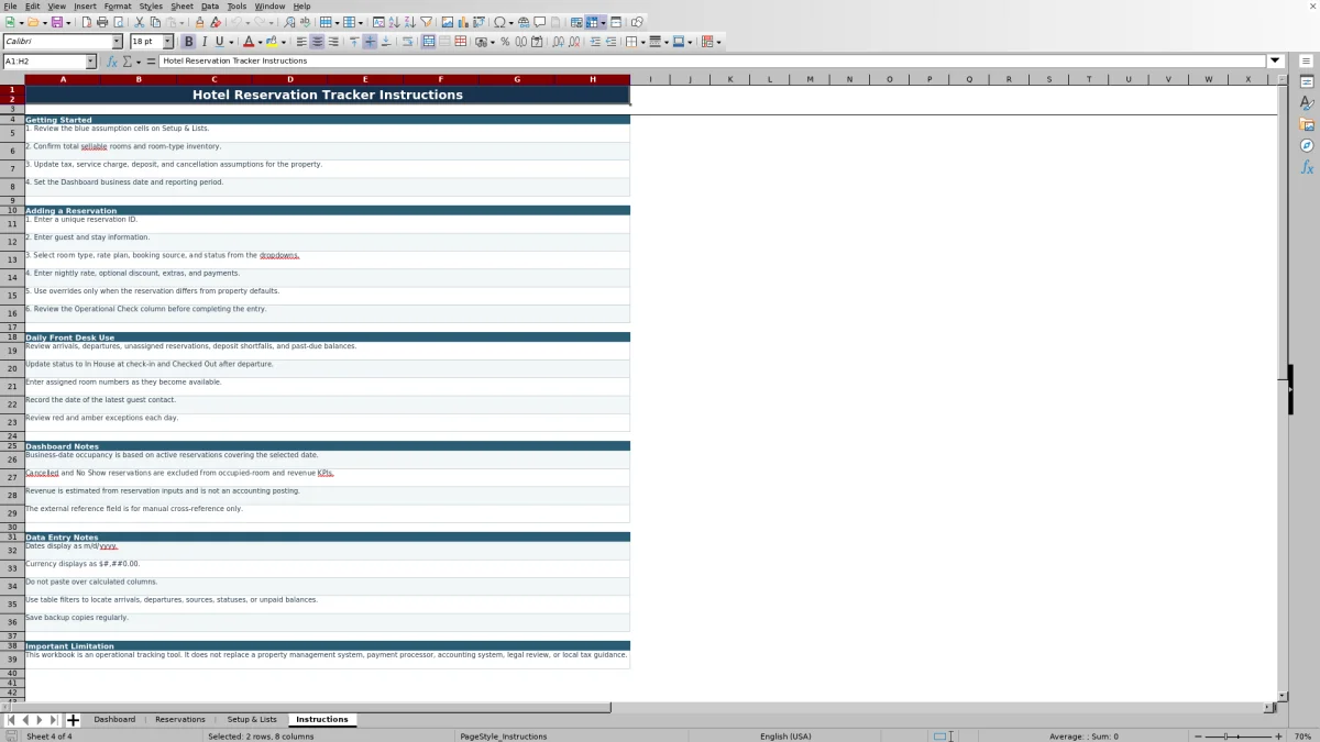 Screenshot 4: Instructions worksheet — hotel reservation tracker spreadsheet