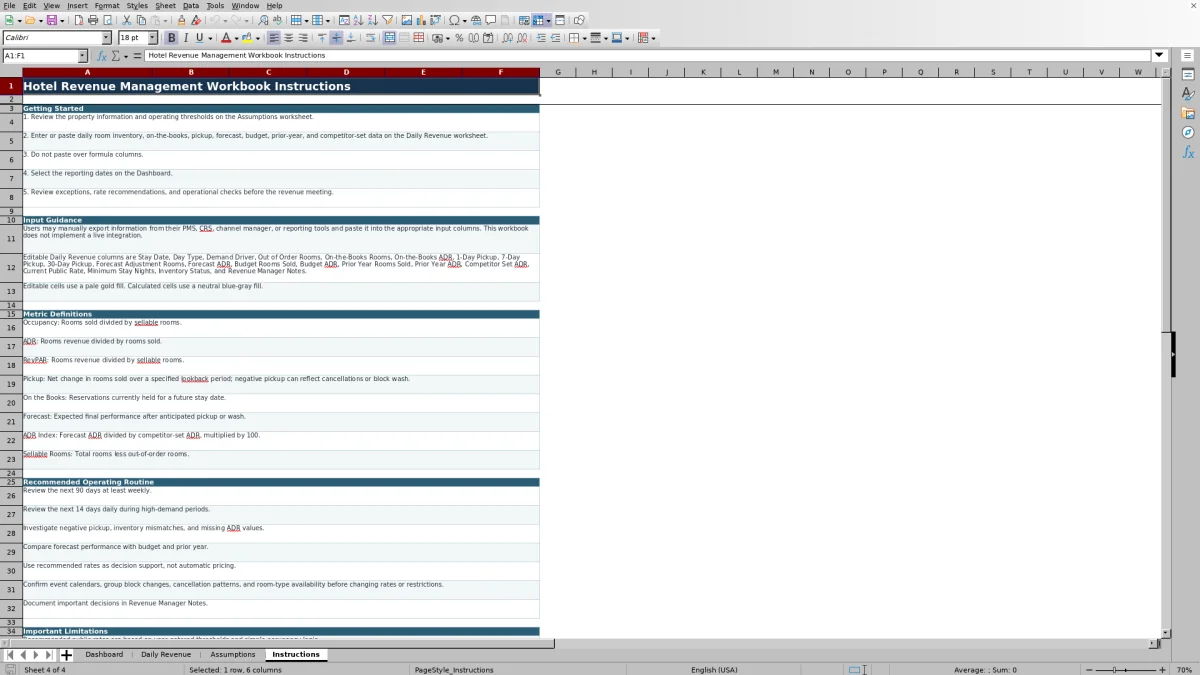Screenshot 4: Instructions worksheet — hotel revenue management spreadsheet