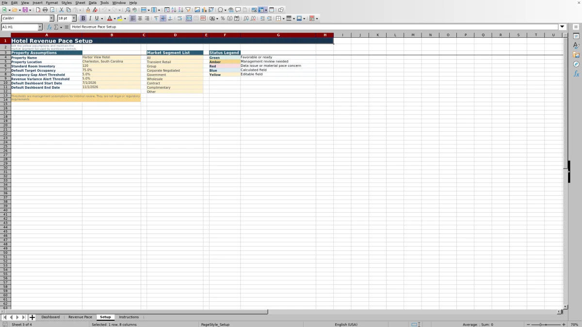 Screenshot 3: Setup worksheet — hotel revenue pacing report Excel template