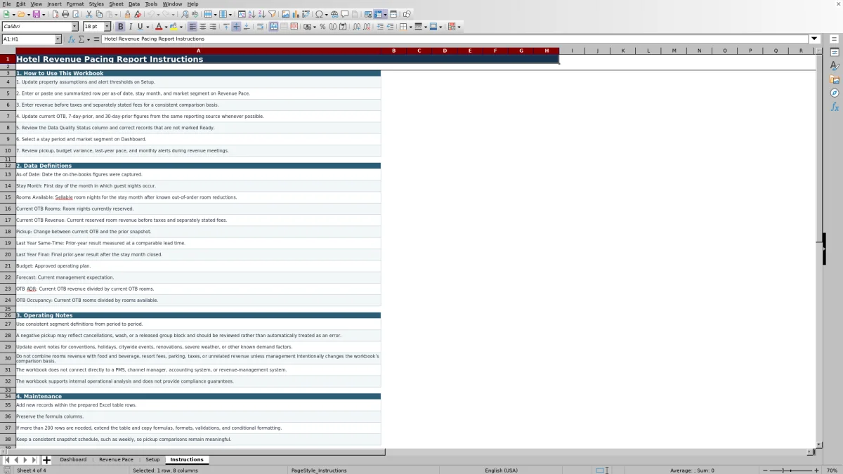 Screenshot 4: Instructions worksheet — hotel revenue pacing report Excel template