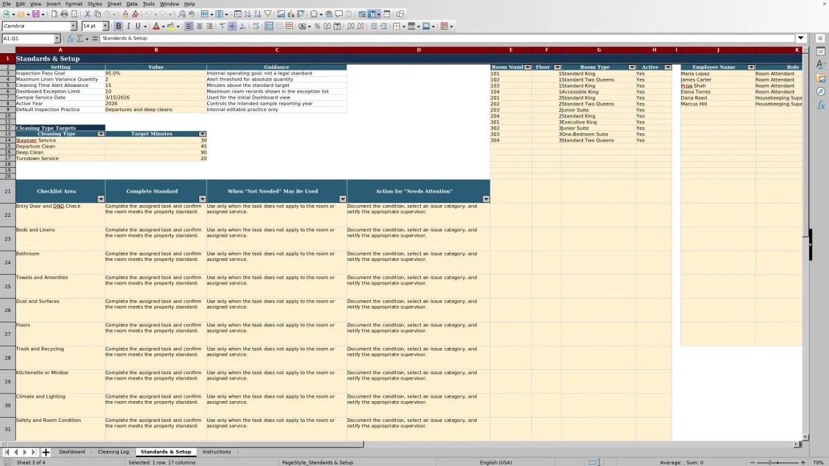 Screenshot 3: Standards & Setup worksheet — hotel room cleaning checklist spreadsheet