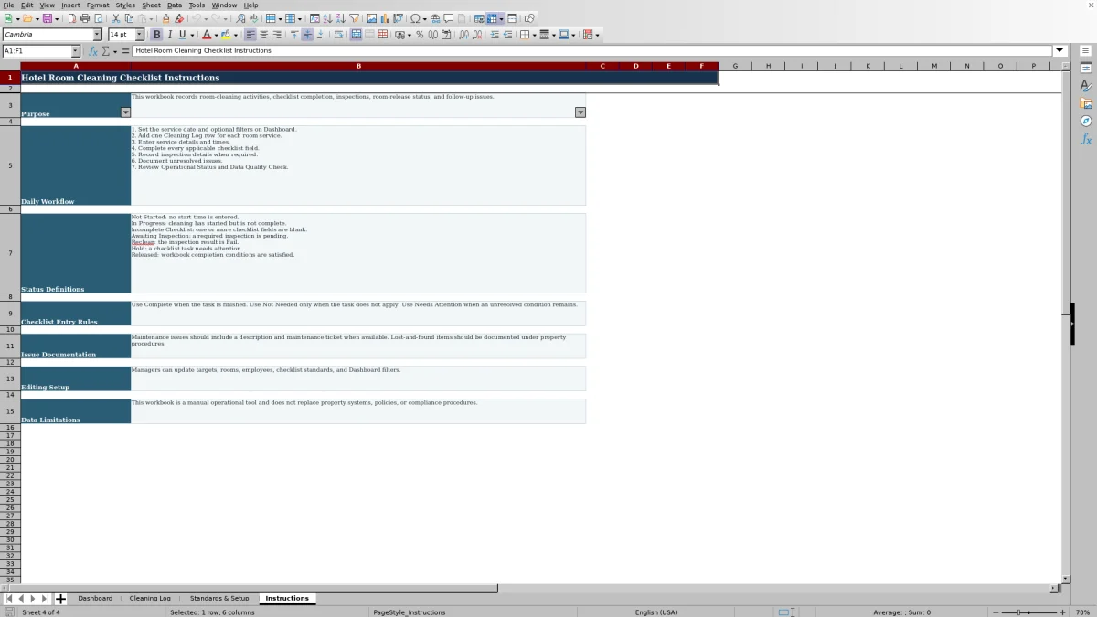 Screenshot 4: Instructions worksheet — hotel room cleaning checklist spreadsheet
