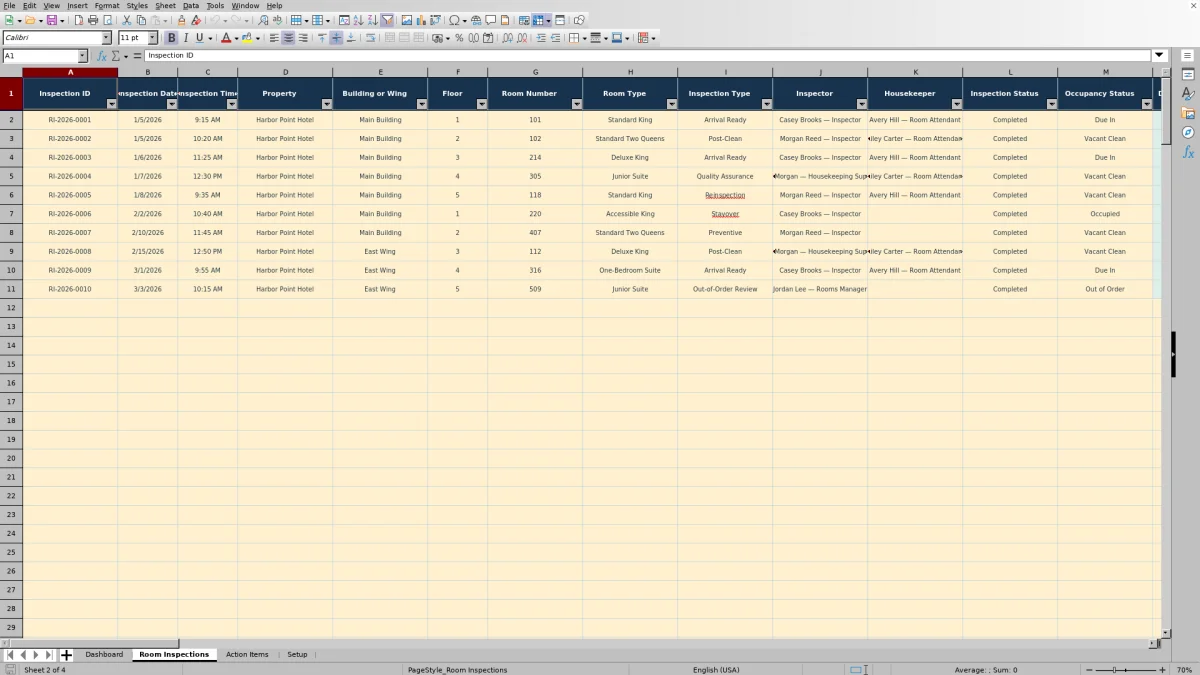 Screenshot 2: Room Inspections worksheet — hotel room inspection checklist spreadsheet
