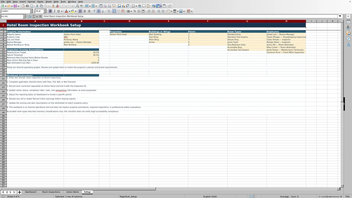 Screenshot 4: Setup worksheet — hotel room inspection checklist spreadsheet