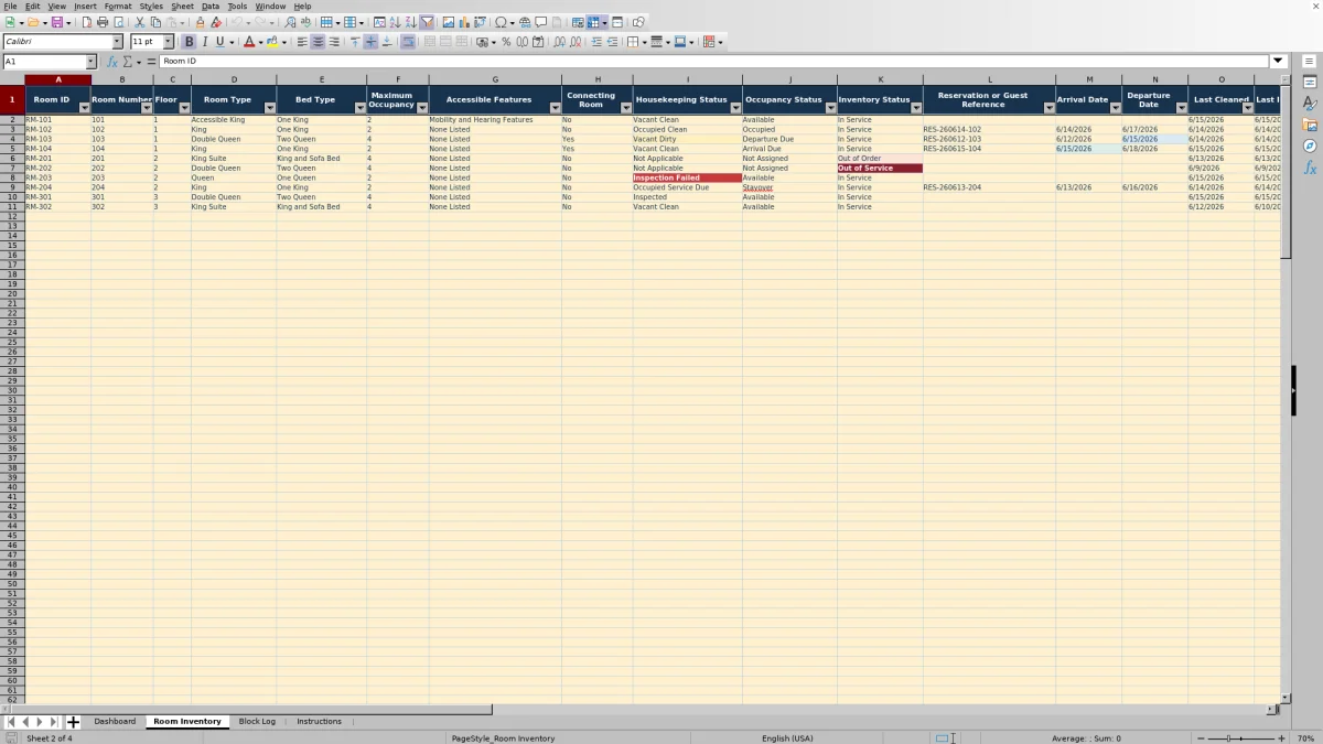 Screenshot 2: Room Inventory worksheet — hotel room inventory Excel template