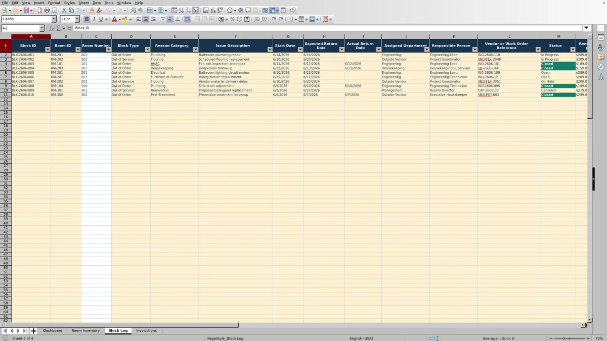 Screenshot 3: Block Log worksheet — hotel room inventory Excel template