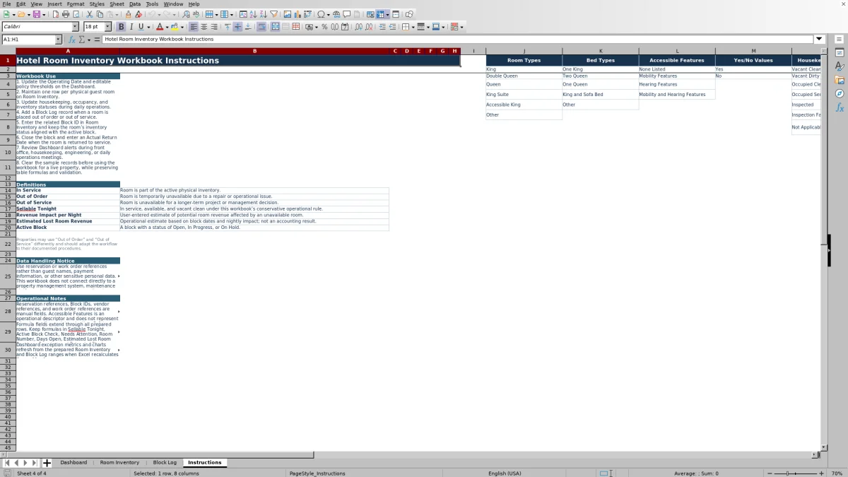 Screenshot 4: Instructions worksheet — hotel room inventory Excel template