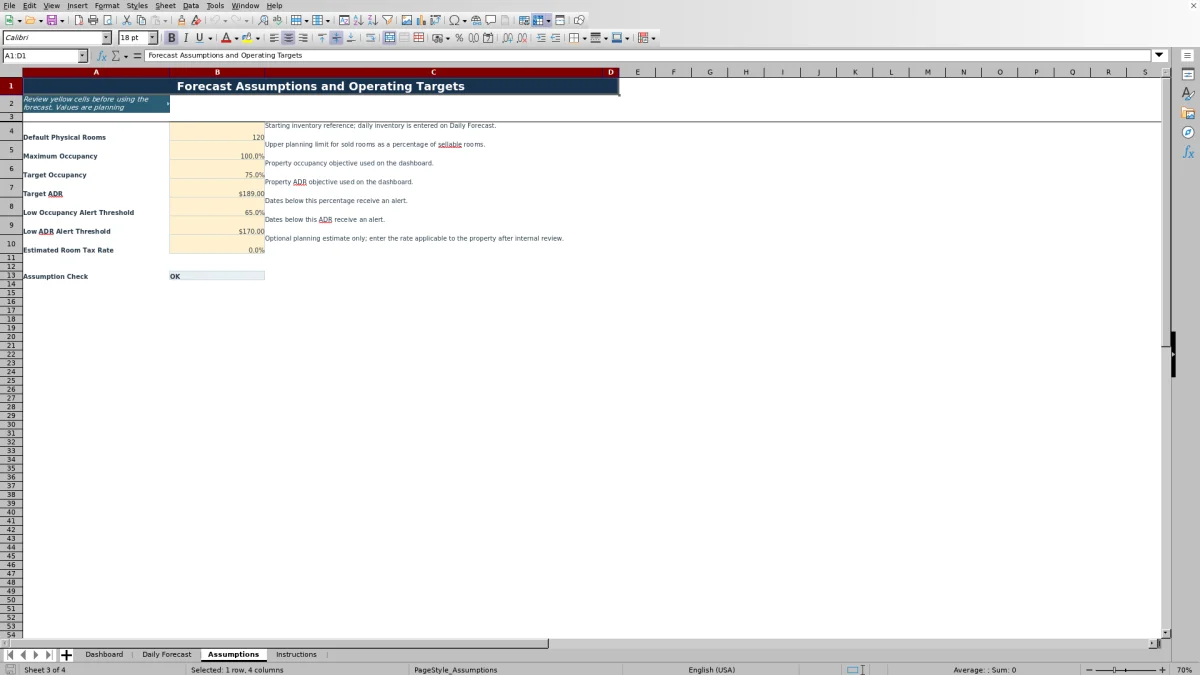 Screenshot 3: Assumptions worksheet — hotel room revenue forecast Excel template