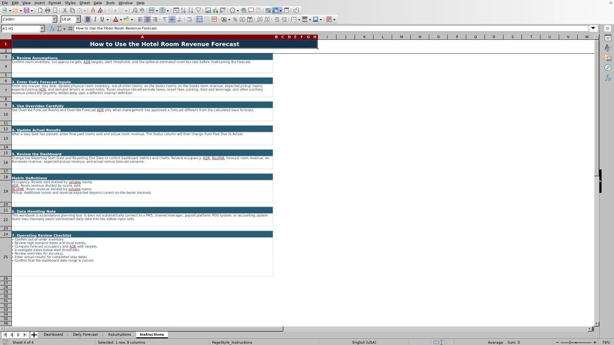 Screenshot 4: Instructions worksheet — hotel room revenue forecast Excel template
