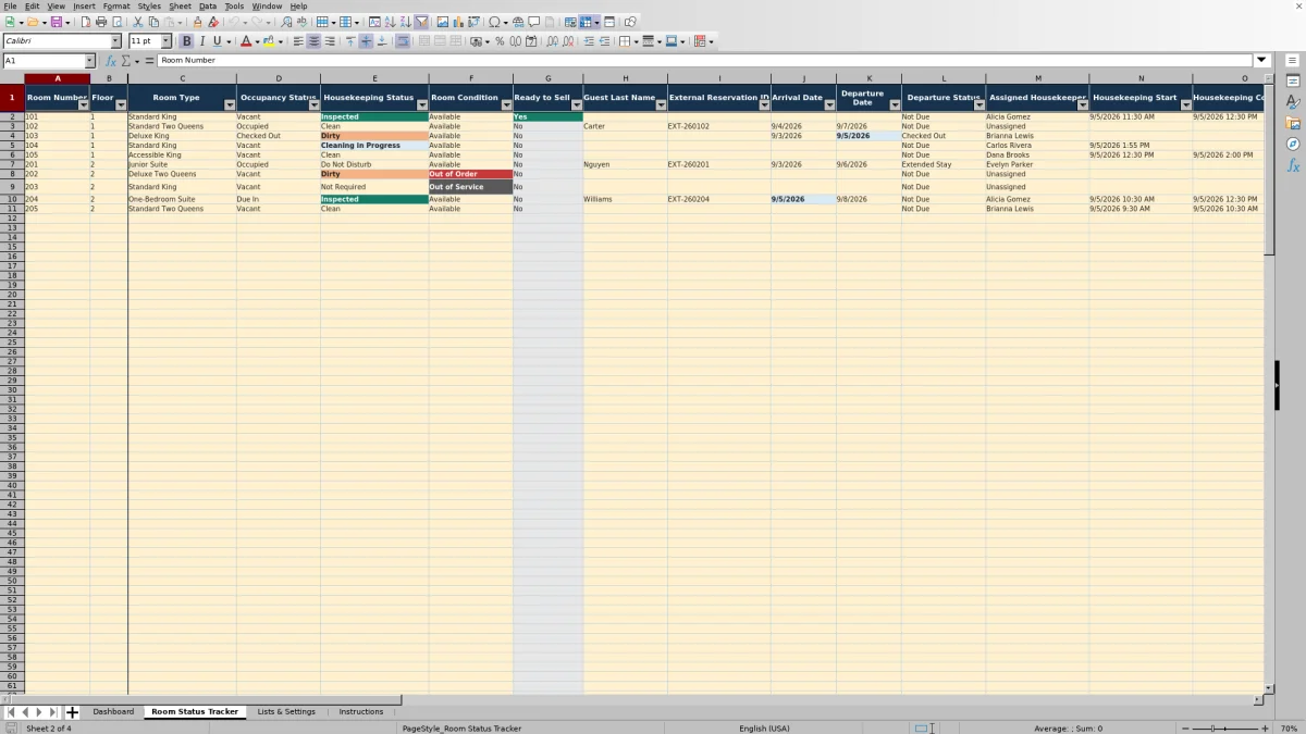 Screenshot 2: Room Status Tracker worksheet — hotel room status tracker Excel template