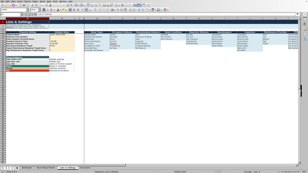 Screenshot 3: Lists & Settings worksheet — hotel room status tracker Excel template