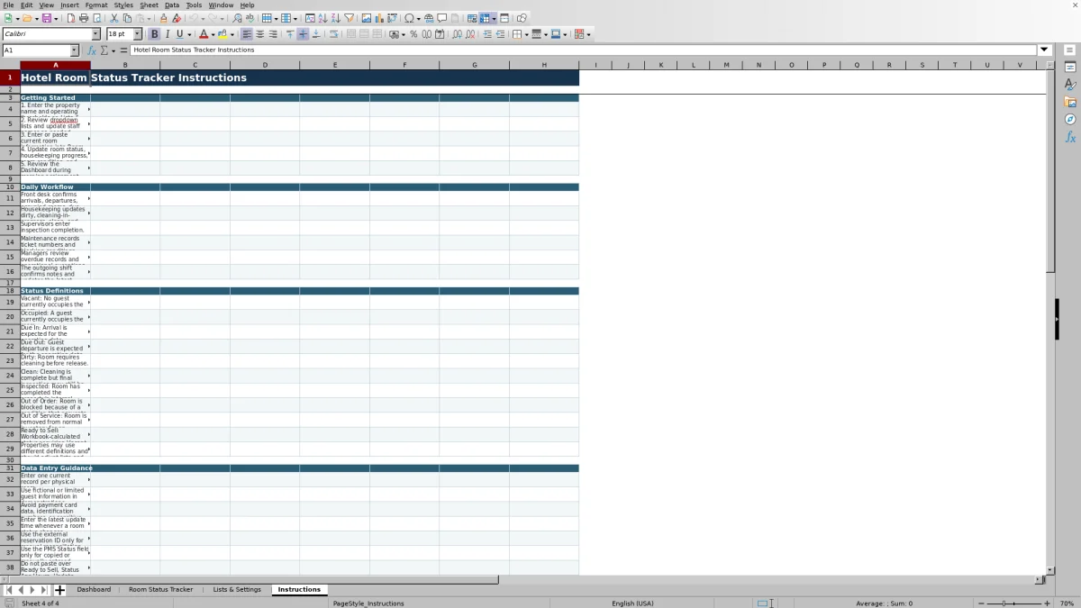 Screenshot 4: Instructions worksheet — hotel room status tracker Excel template