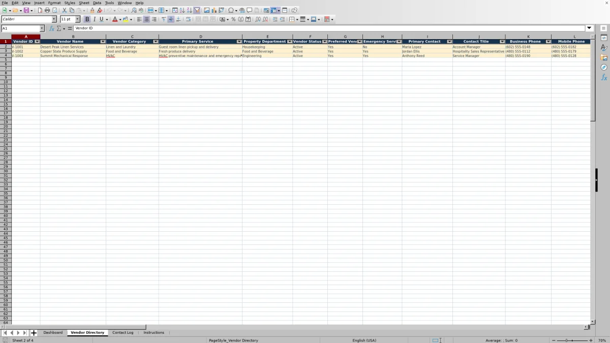 Screenshot 2: Vendor Directory worksheet — hotel vendor contact spreadsheet