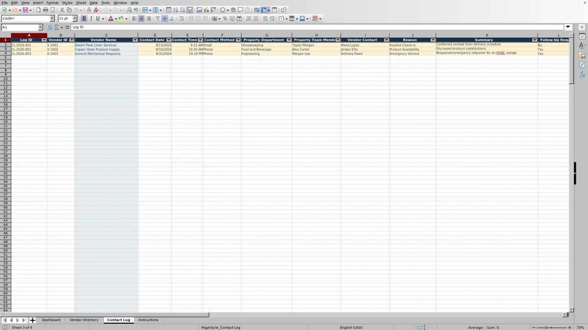 Screenshot 3: Contact Log worksheet — hotel vendor contact spreadsheet