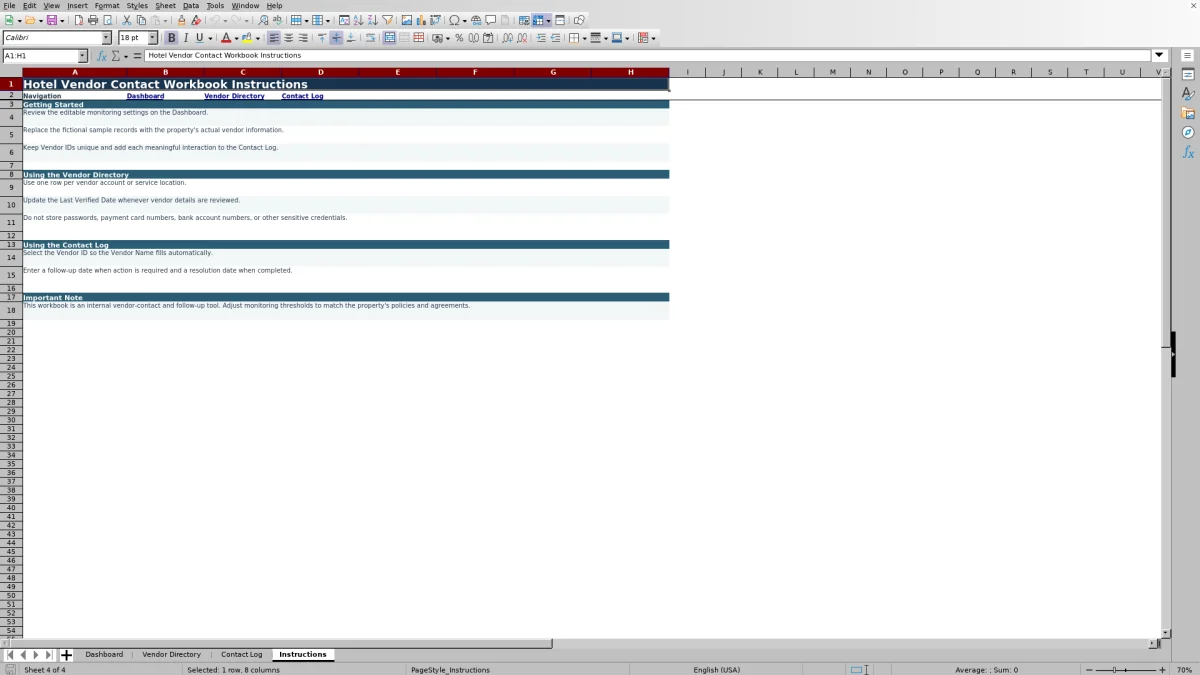Screenshot 4: Instructions worksheet — hotel vendor contact spreadsheet
