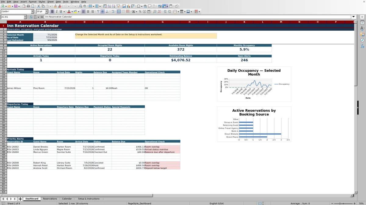 Free Inn Reservation Calendar Spreadsheet Excel Template for 2026 dashboard preview