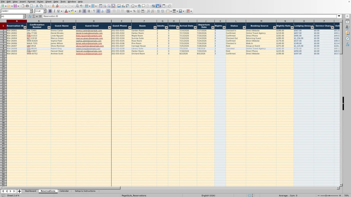 Screenshot 2: Reservations worksheet — inn reservation calendar spreadsheet