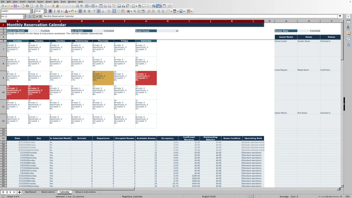 Screenshot 3: Calendar worksheet — inn reservation calendar spreadsheet