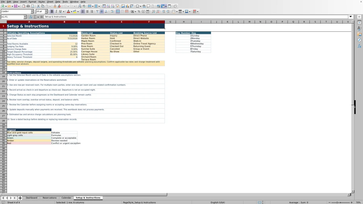 Screenshot 4: Setup & Instructions worksheet — inn reservation calendar spreadsheet