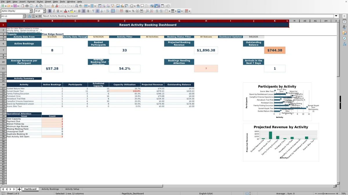 Free Resort Activity Booking Tracker Excel Template for 2026 dashboard preview