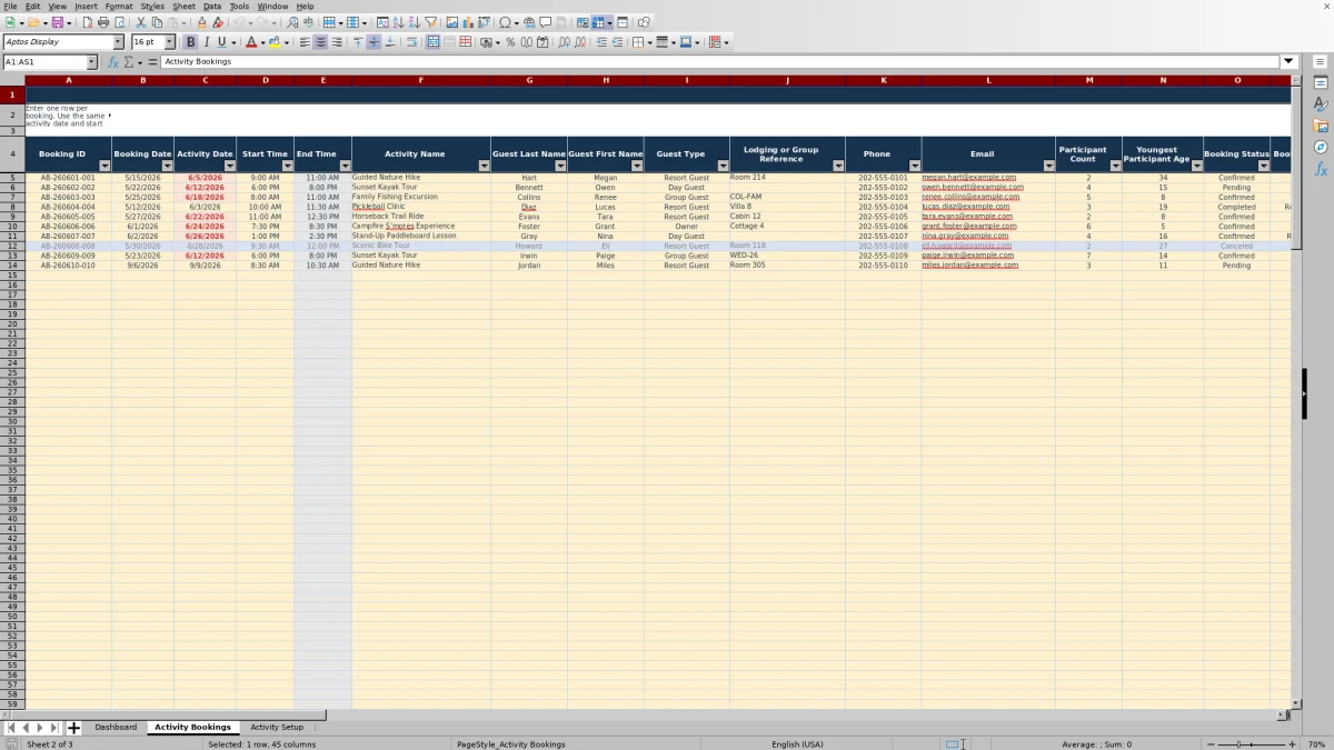 Screenshot 2: Activity Bookings worksheet — resort activity booking tracker Excel template