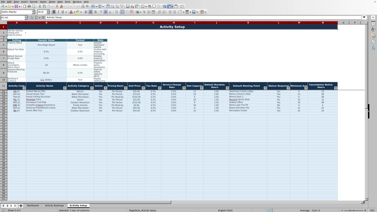 Screenshot 3: Activity Setup worksheet — resort activity booking tracker Excel template