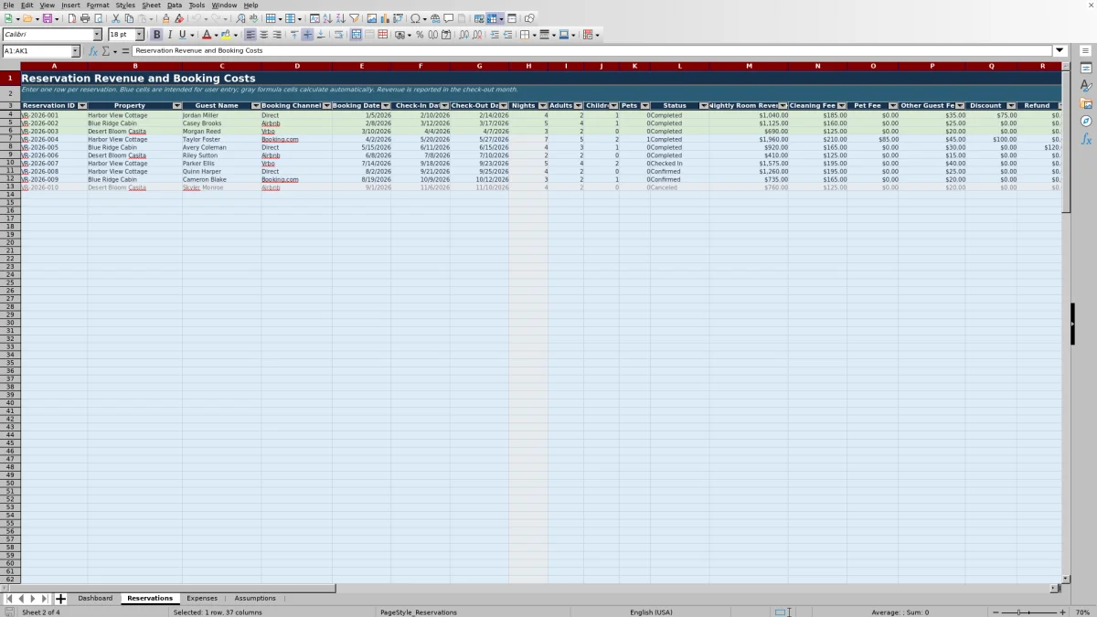 Screenshot 2: Reservations worksheet — vacation rental profitability spreadsheet