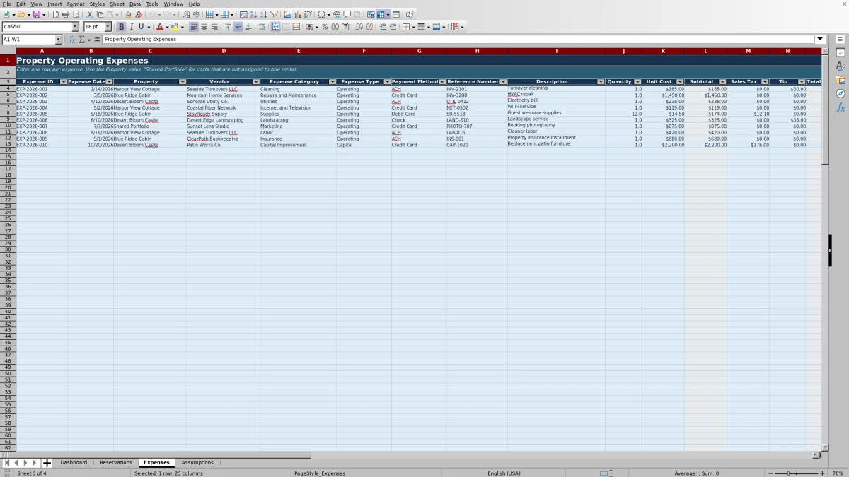 Screenshot 3: Expenses worksheet — vacation rental profitability spreadsheet