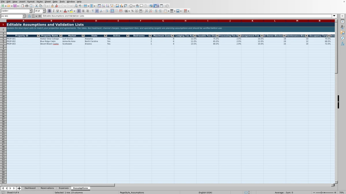 Screenshot 4: Assumptions worksheet — vacation rental profitability spreadsheet