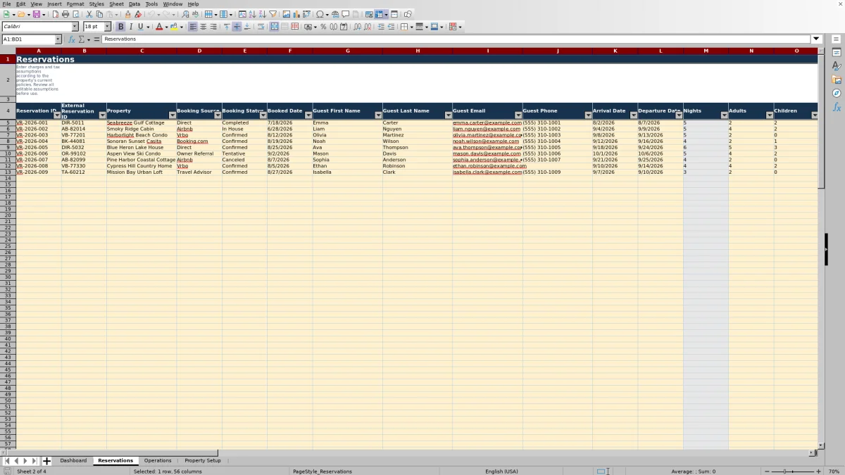 Screenshot 2: Reservations worksheet — vacation rental property operations spreadsheet