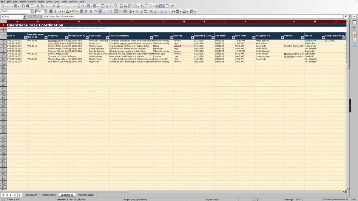 Screenshot 3: Operations worksheet — vacation rental property operations spreadsheet