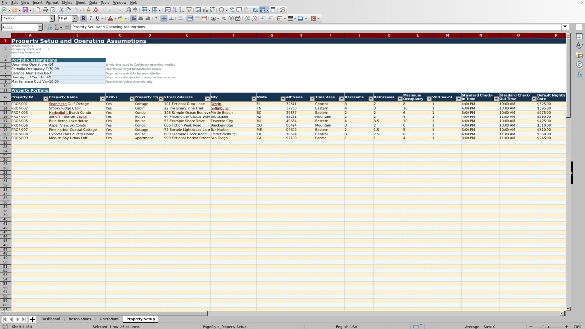 Screenshot 4: Property Setup worksheet — vacation rental property operations spreadsheet
